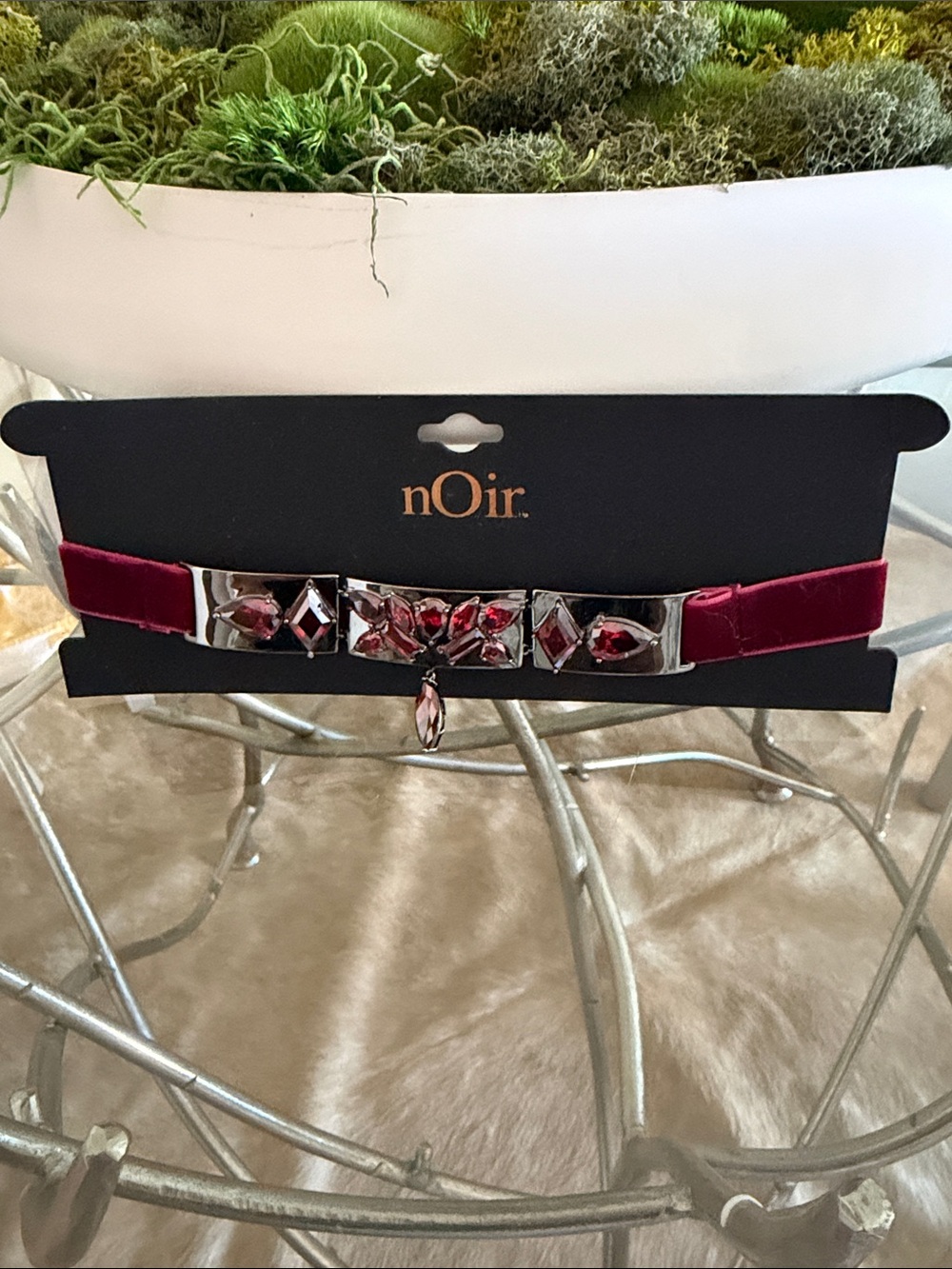 nOir Jewelry Burgundy Velvet Choker with Red Jewel Centerpiece